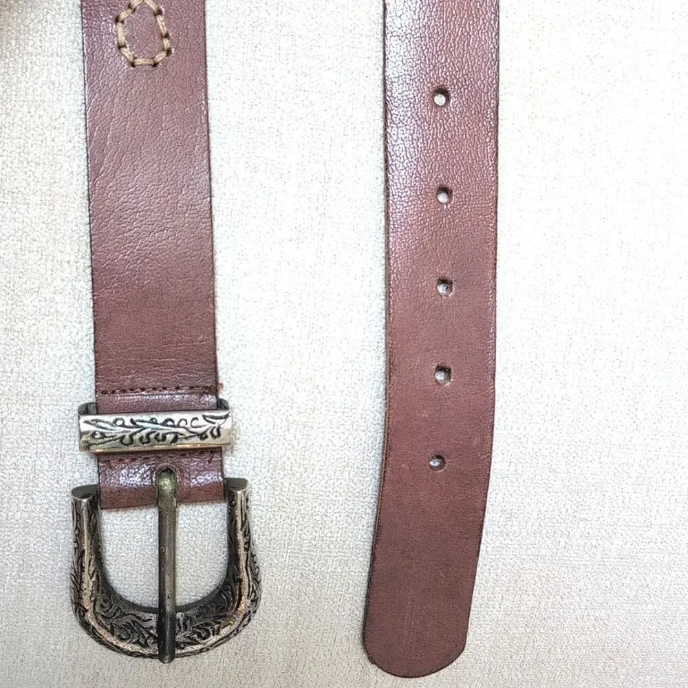 Brown Leather Belt with Cabachon Stone Medallions & Silver Scroll Work Buckle